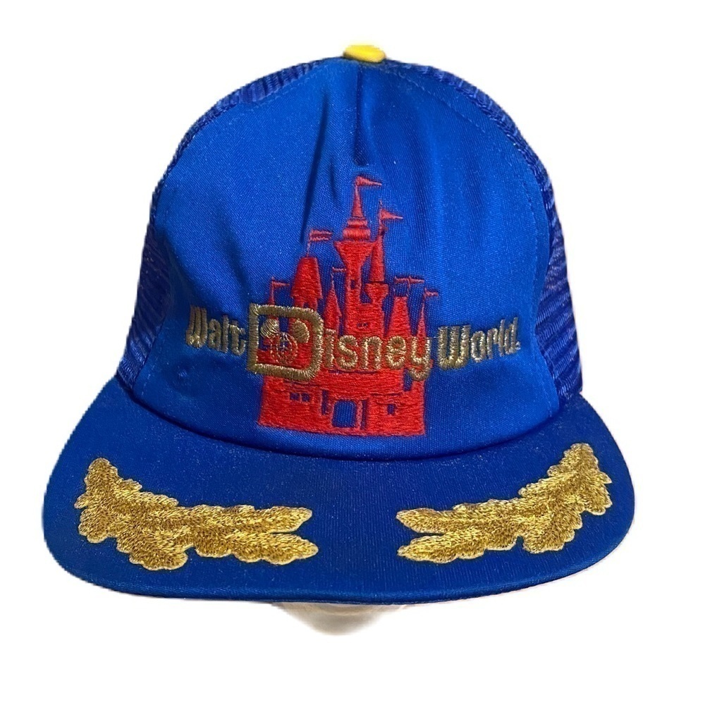 Vintage Walt Disney World Mesh Snap Back Hat Blue Embroidered Gold Leaf Lapel